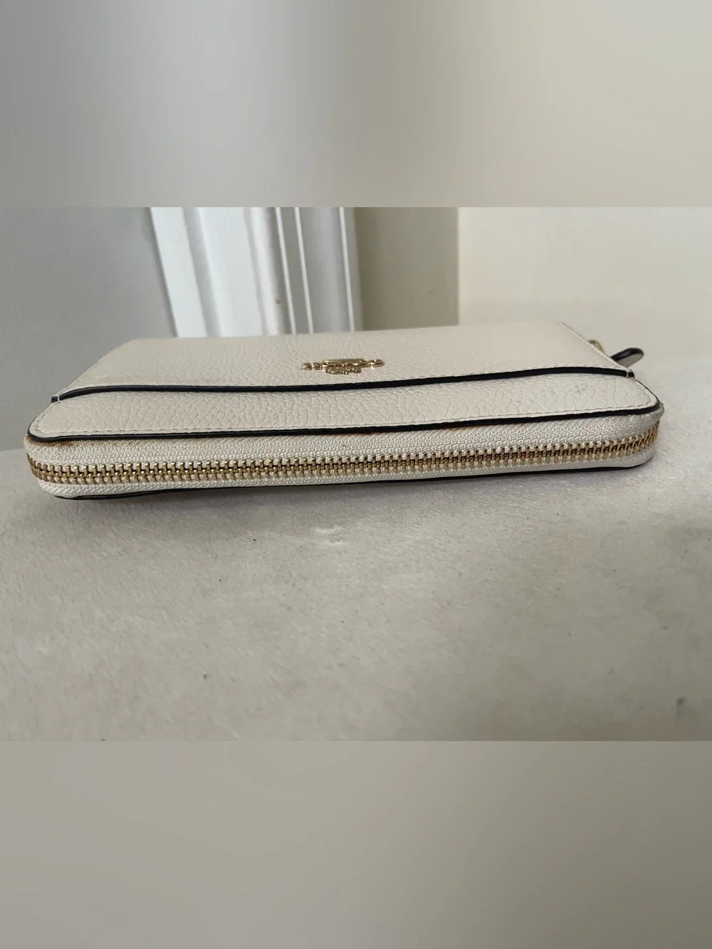 Coach Pebbled Leather Wristlet in Cream with Gold Logo